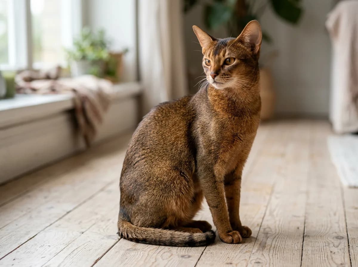 Ruddy Abyssinian cat with a ticked tabby coat, each hair banded with warm color and no body stripes, photographed in soft window light