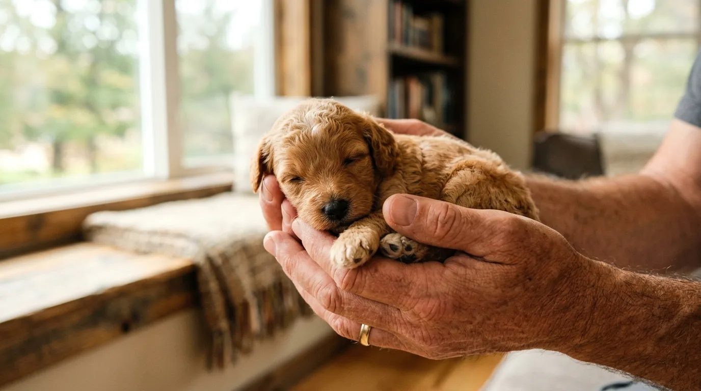 A tiny apricot teacup Goldendoodle puppy cradled in two cupped adult hands, warm sunlight from a living room window, close-up showing how small the puppy is against the palms