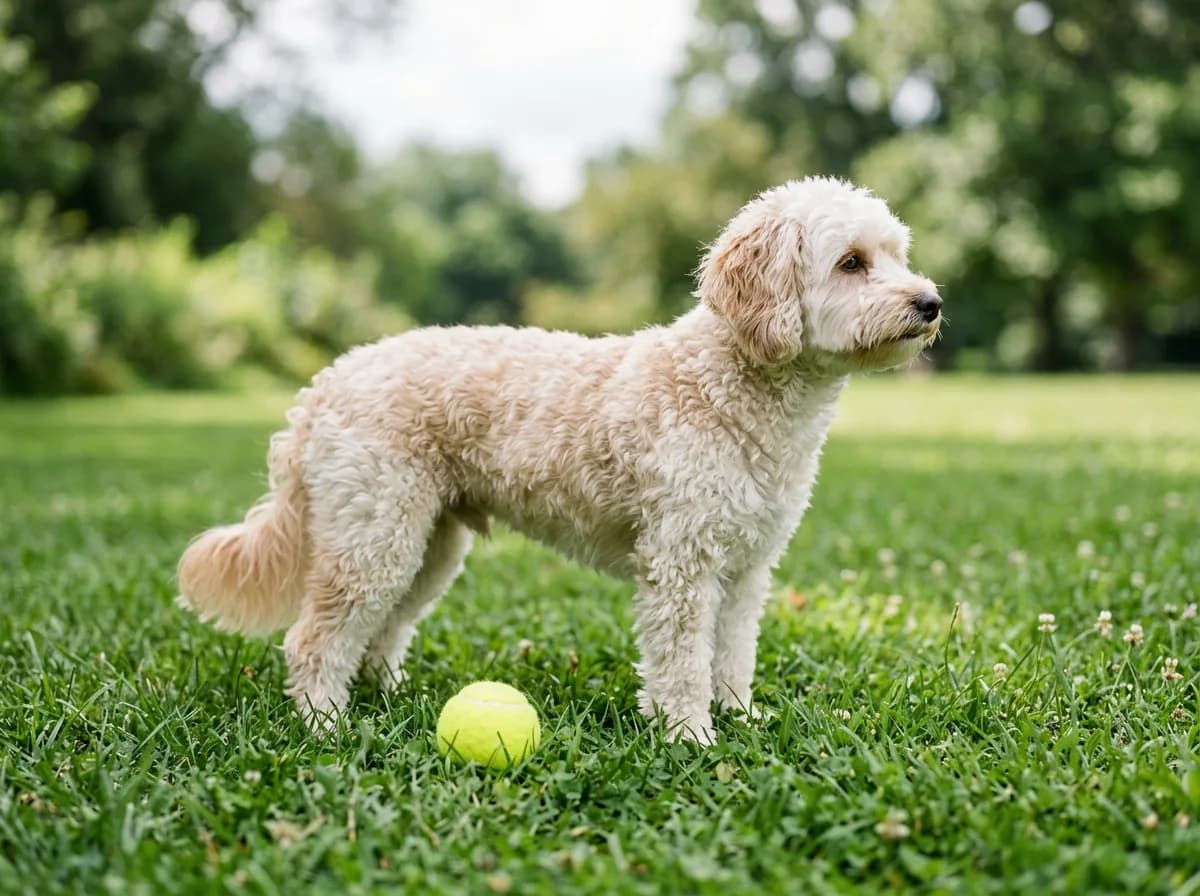 A cream and white petite Goldendoodle adult standing on green grass beside a standard yellow tennis ball for scale, side profile, bright overcast daylight