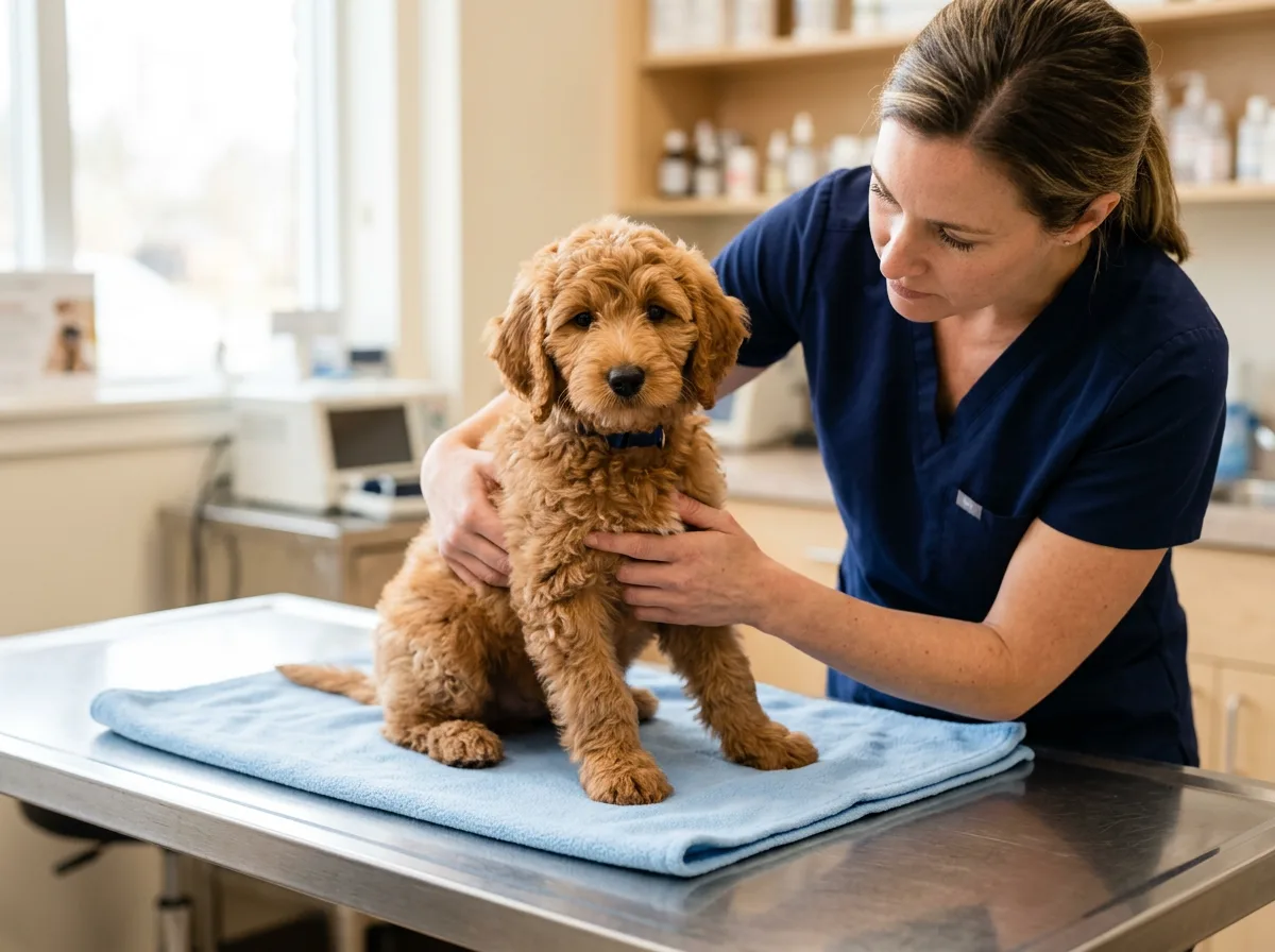 A red apricot teacup Goldendoodle being gently examined on a stainless steel veterinary exam table, vet's hands checking the puppy, soft clinical lighting, puppy looking calm