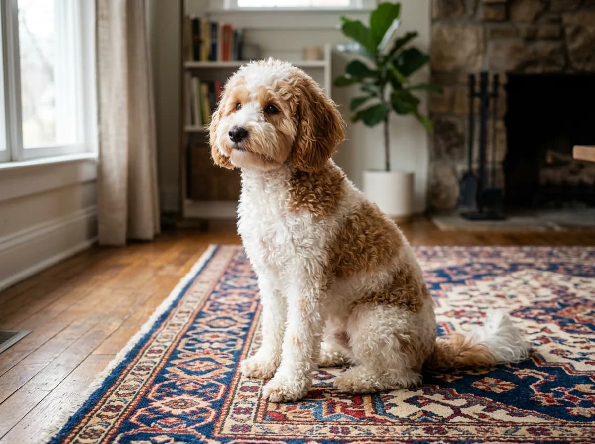 A parti-colored petite Goldendoodle with white and apricot patches sitting on a patterned rug indoors, three-quarter angle, soft natural window light showing the two-tone coat