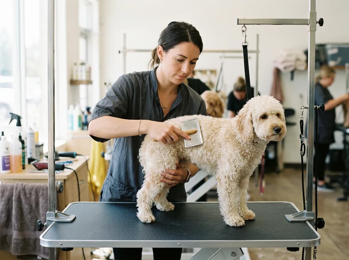 A professional groomer brushing a curly cream petite Goldendoodle on a grooming table, groomer's hands and slicker brush visible, bright salon lighting, dog standing calmly