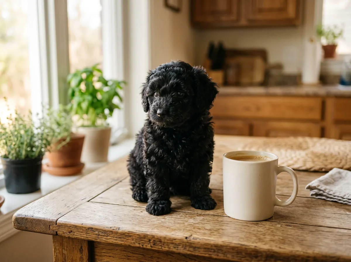 A tiny black teacup Goldendoodle puppy sitting on a wooden kitchen table beside a standard white coffee mug for scale, warm morning light, the puppy roughly the height of the mug