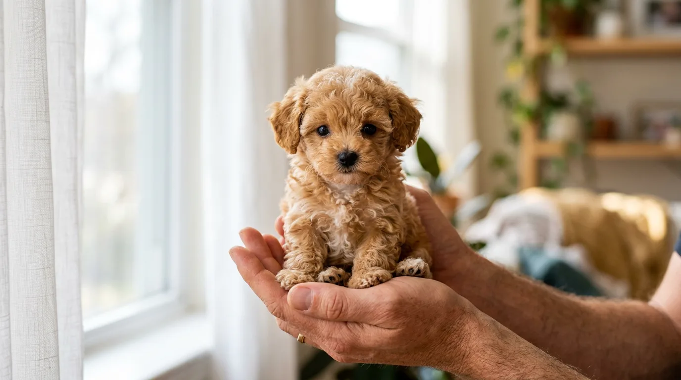 apricot teacup Maltipoo puppy sitting upright in a person's cupped hands, soft natural window light, tiny cream-and-gold curly coat
