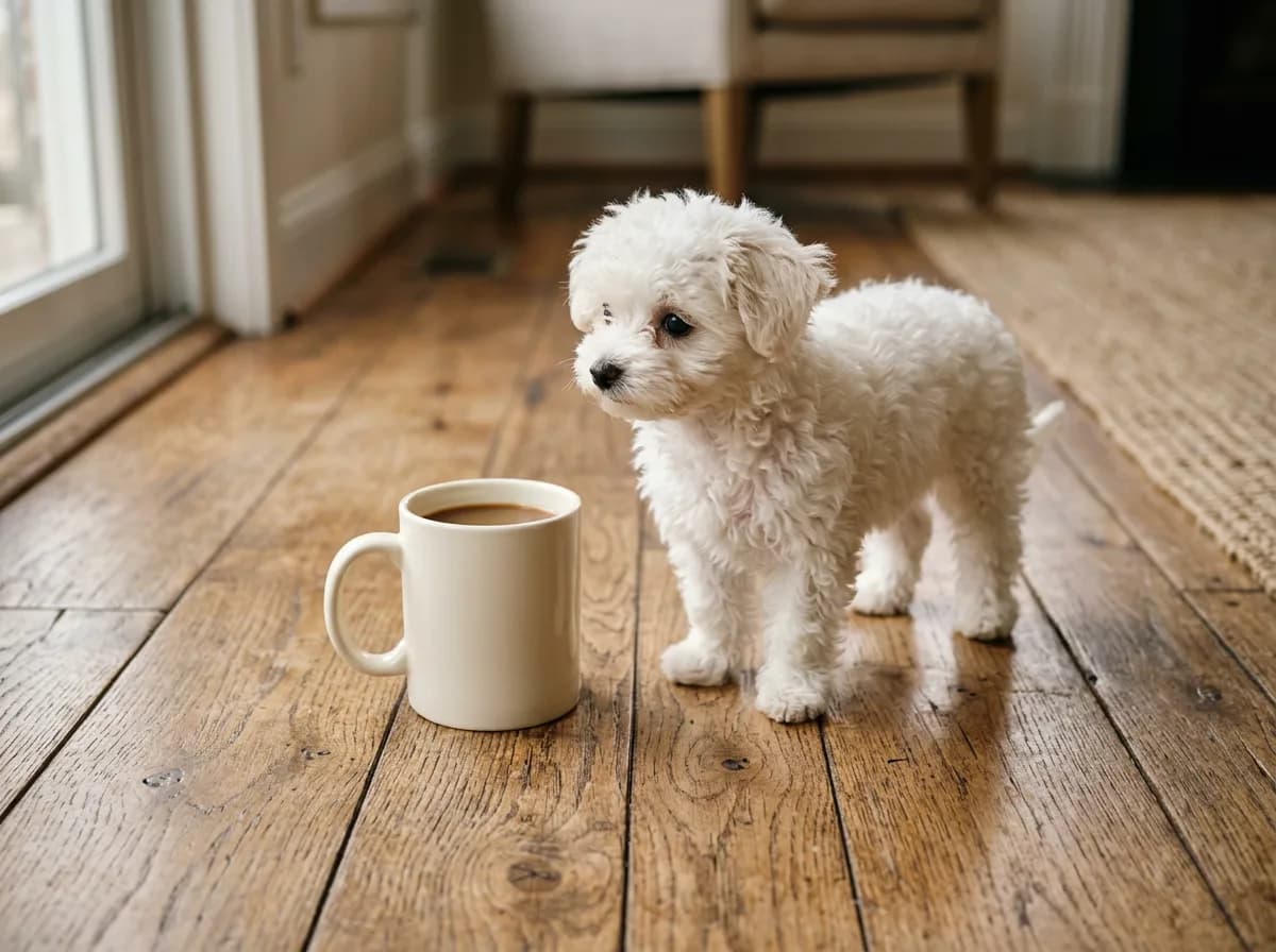 full-grown white teacup Maltipoo standing beside a standard coffee mug on a wooden floor for scale, showing how small the adult dog is