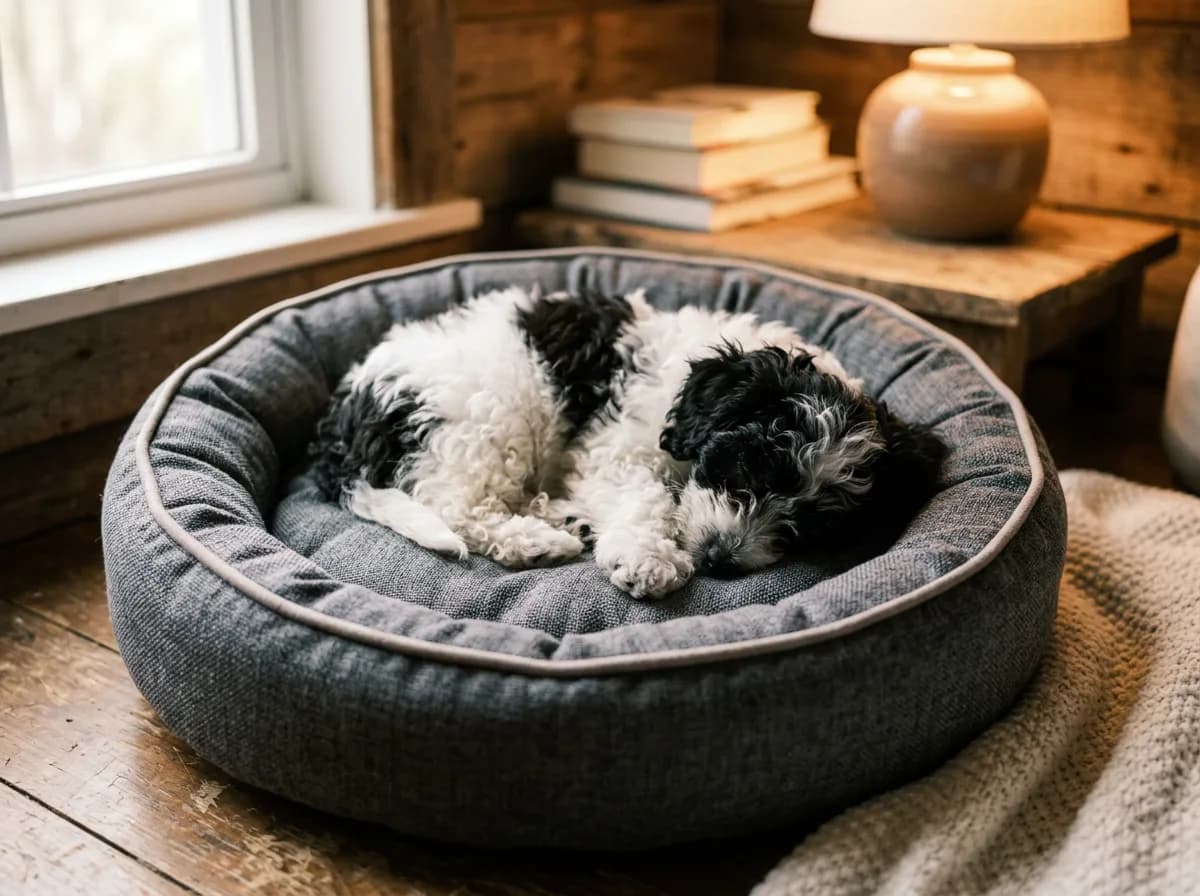 parti-colored black and white teacup Maltipoo puppy curled up asleep on a small padded orthopedic bed, soft overhead angle, warm lamp light