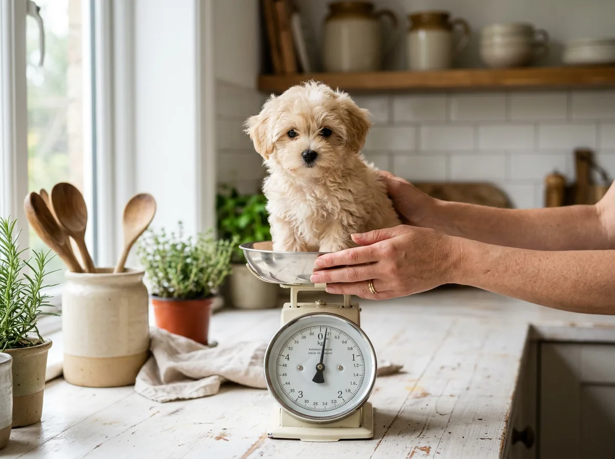 cream teacup Maltipoo being gently weighed on a small kitchen scale, owner's hands steadying it, bright clean kitchen setting