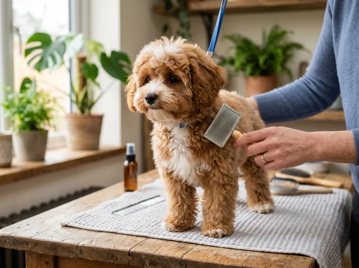 brown and white teacup Maltipoo with a fluffy teddy-bear cut being brushed on a grooming table, small slicker brush in frame