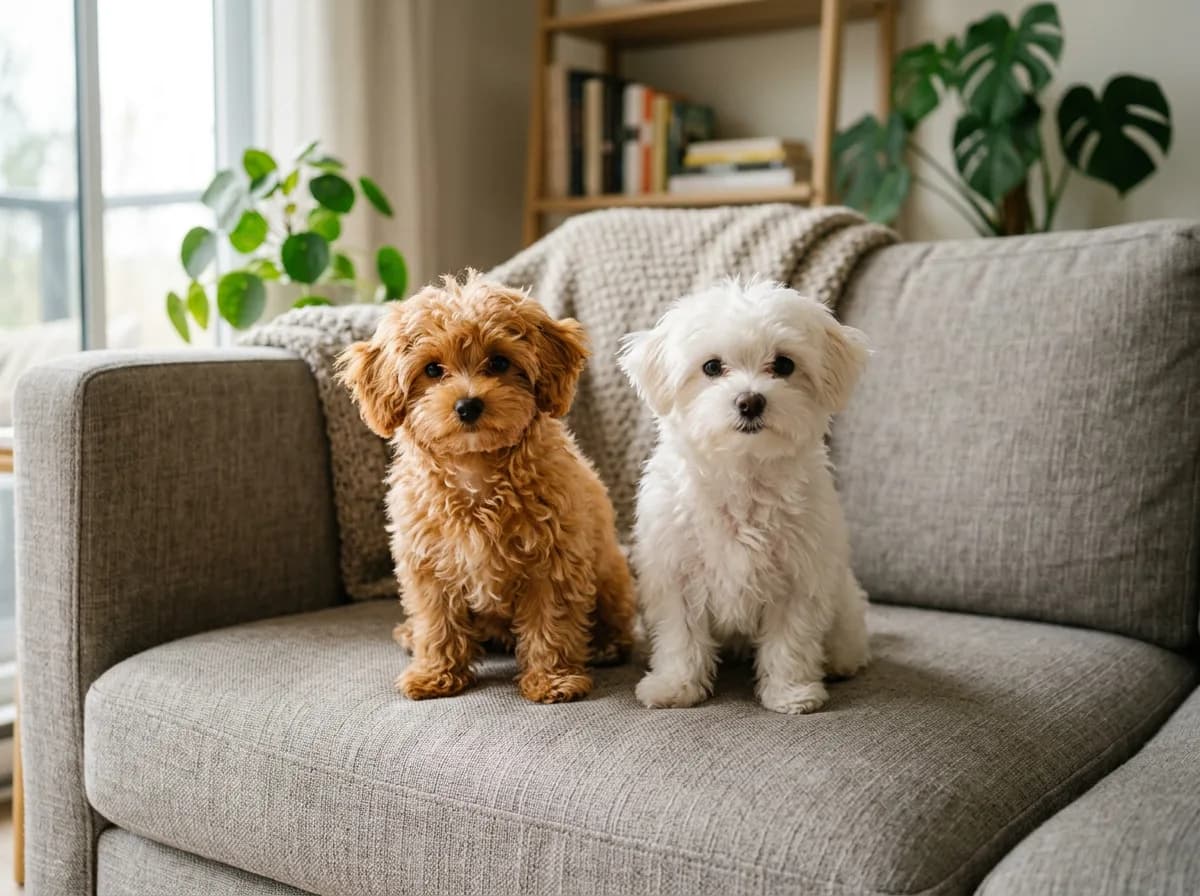 two adult teacup Maltipoos of different colors, one apricot and one white, sitting side by side on a couch to compare their small size