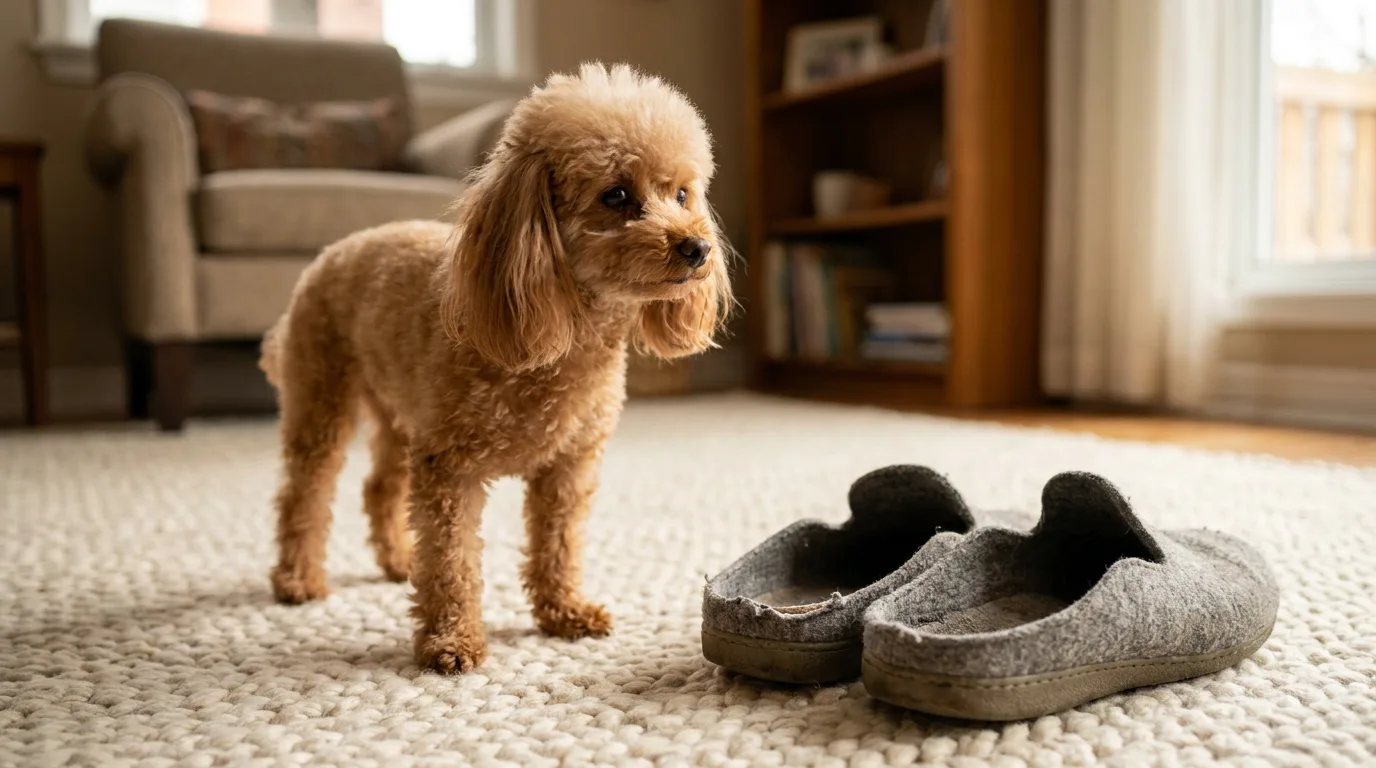 Small adult apricot Toy Poodle with a curly coat standing on a wool rug beside a pair of gray felt house slippers