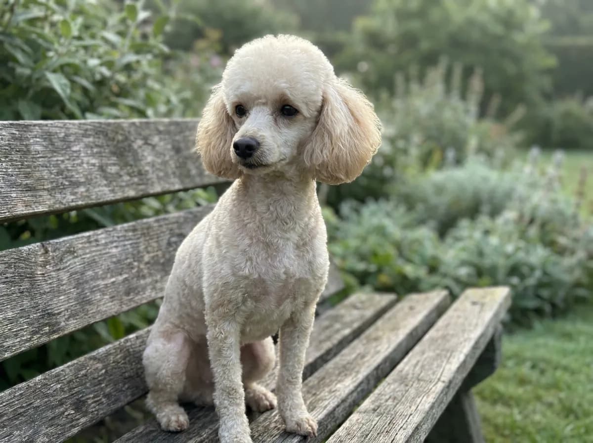Small adult cream Poodle with a curly coat in a short clip sitting on a weathered wooden garden bench
