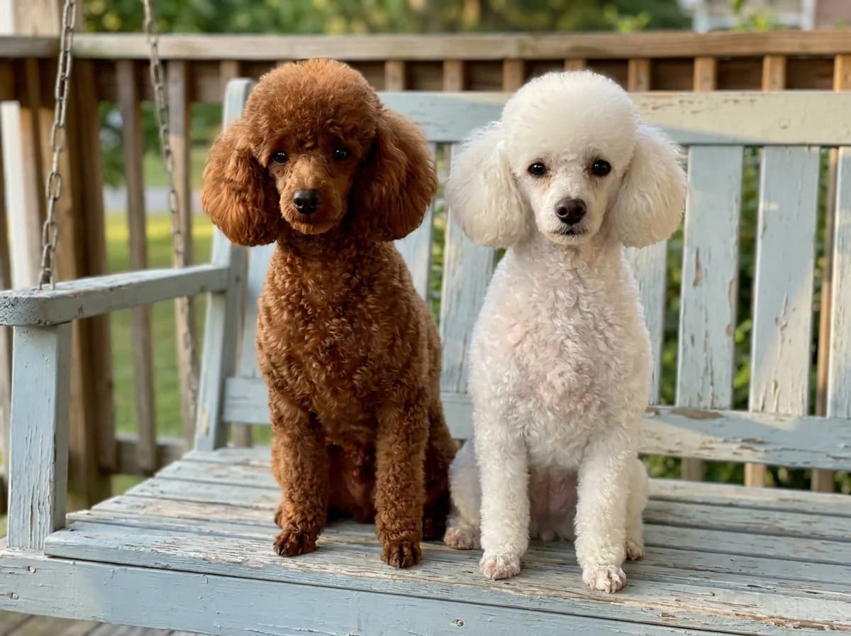 Two small adult Poodles, one with a red coat and one with a white coat, sitting side by side on a blue porch swing