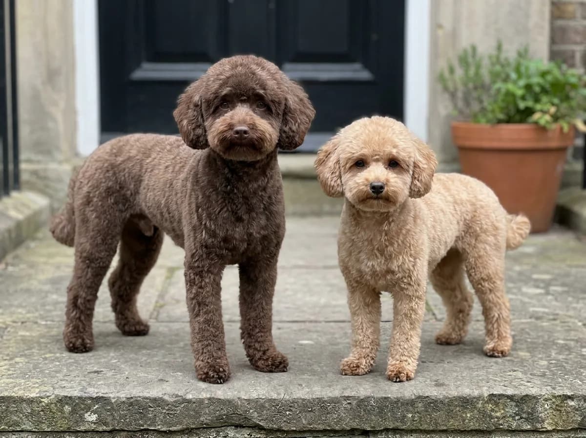 Smaller light tan adult Poodle standing beside a larger chocolate brown Poodle on a stone doorstep