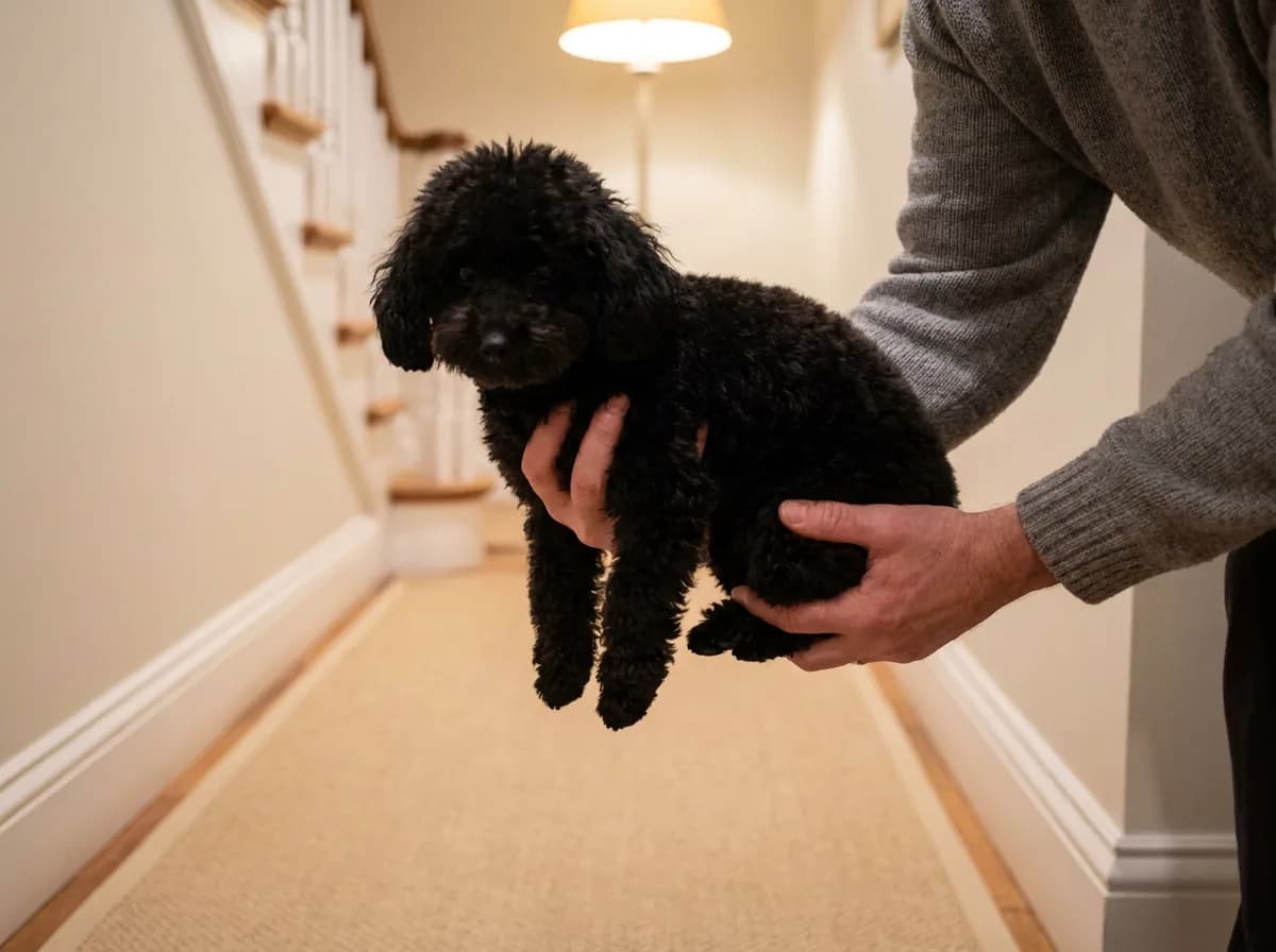 Person lifting a small black Poodle in a hallway with one hand around its chest and one under its hindquarters