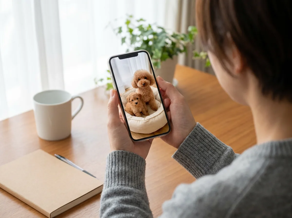 Buyer on a video call, the phone screen showing an apricot Toy Poodle mother sitting beside her puppy in a dog bed