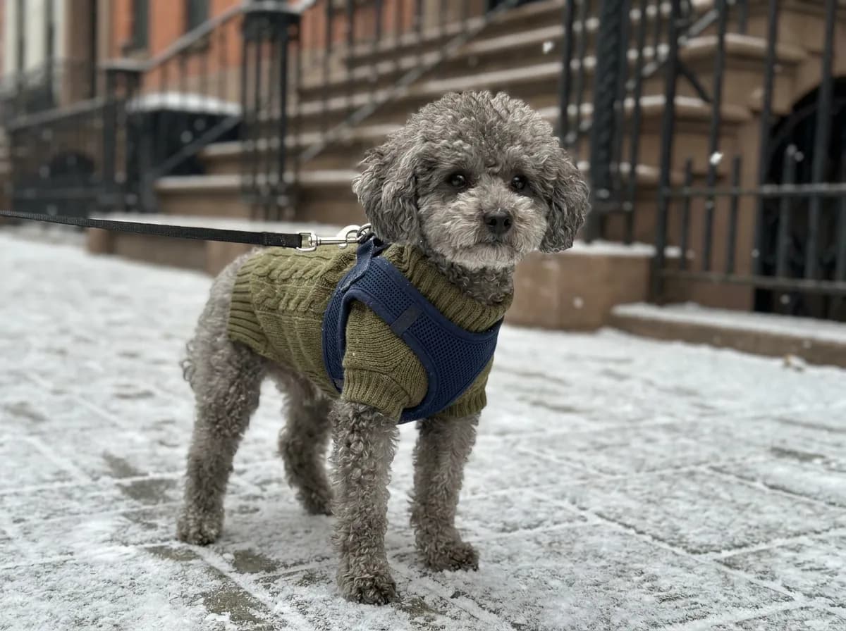 Tiny gray adult Toy Poodle in a navy step-in harness and olive knit sweater standing on a snowy city sidewalk