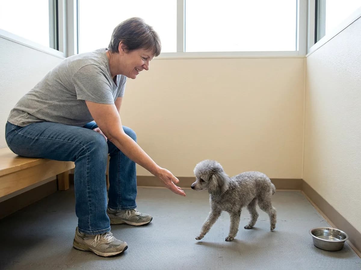 Small adult silver Toy Poodle stepping toward a seated volunteer's open hand in a bright adoption-center room