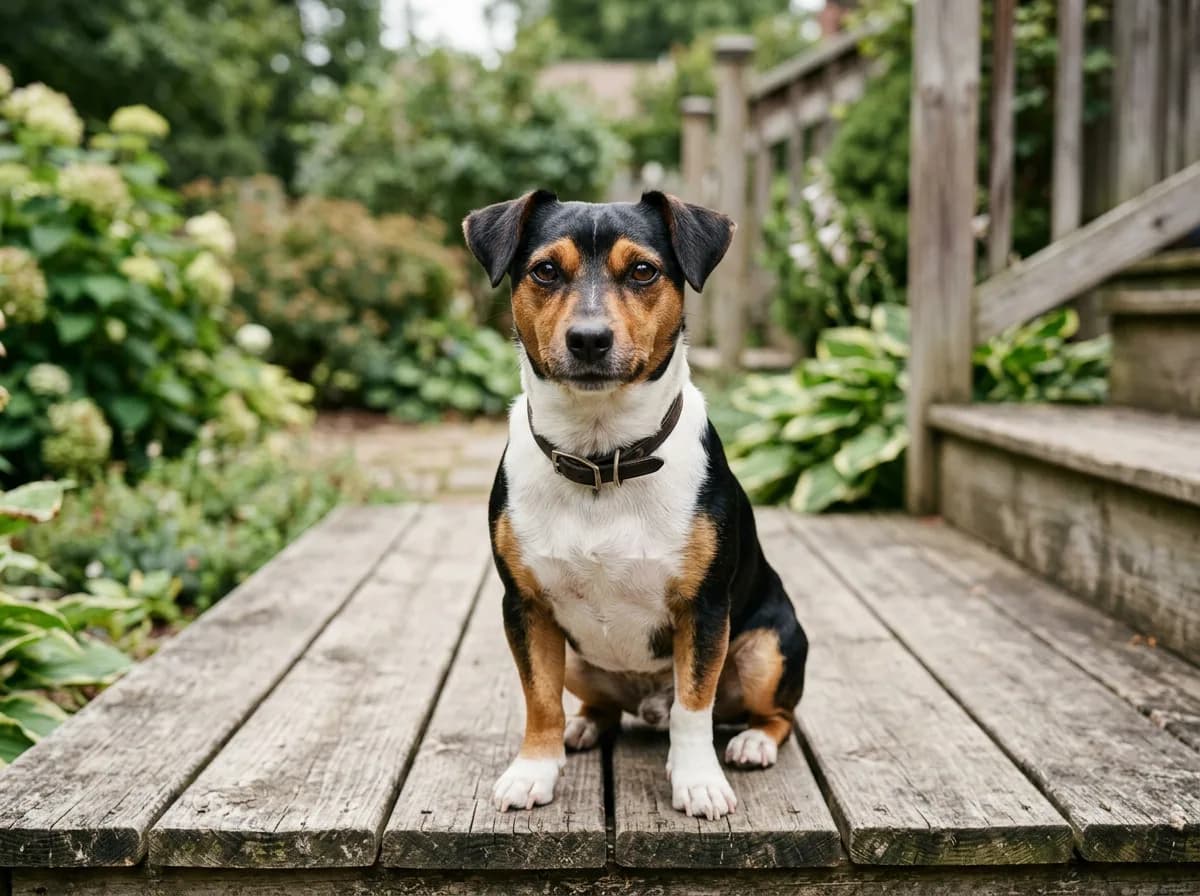 A short-legged smooth-coated Teddy Roosevelt Terrier with tricolor markings sitting on a wooden deck