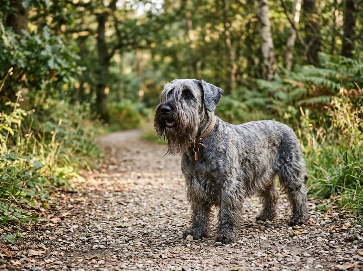 A gray Cesky Terrier with a long silky beard and slightly wavy coat standing on a path