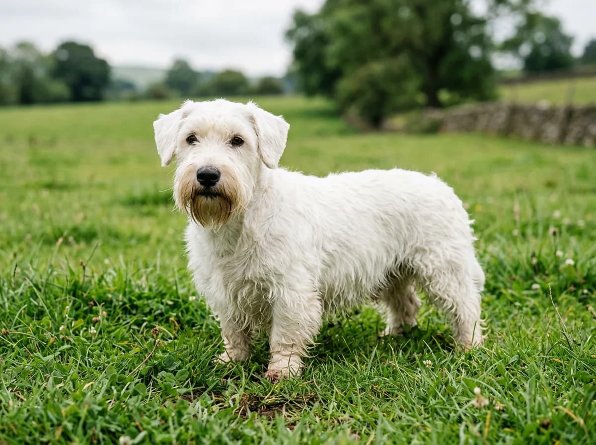 A mostly white Sealyham Terrier with a long weatherproof coat and drop ears standing on grass