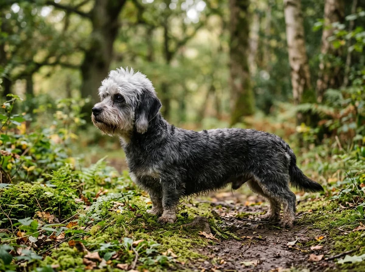 A Dandie Dinmont Terrier with a distinctive fluffy topknot and long low body, pepper-colored coat