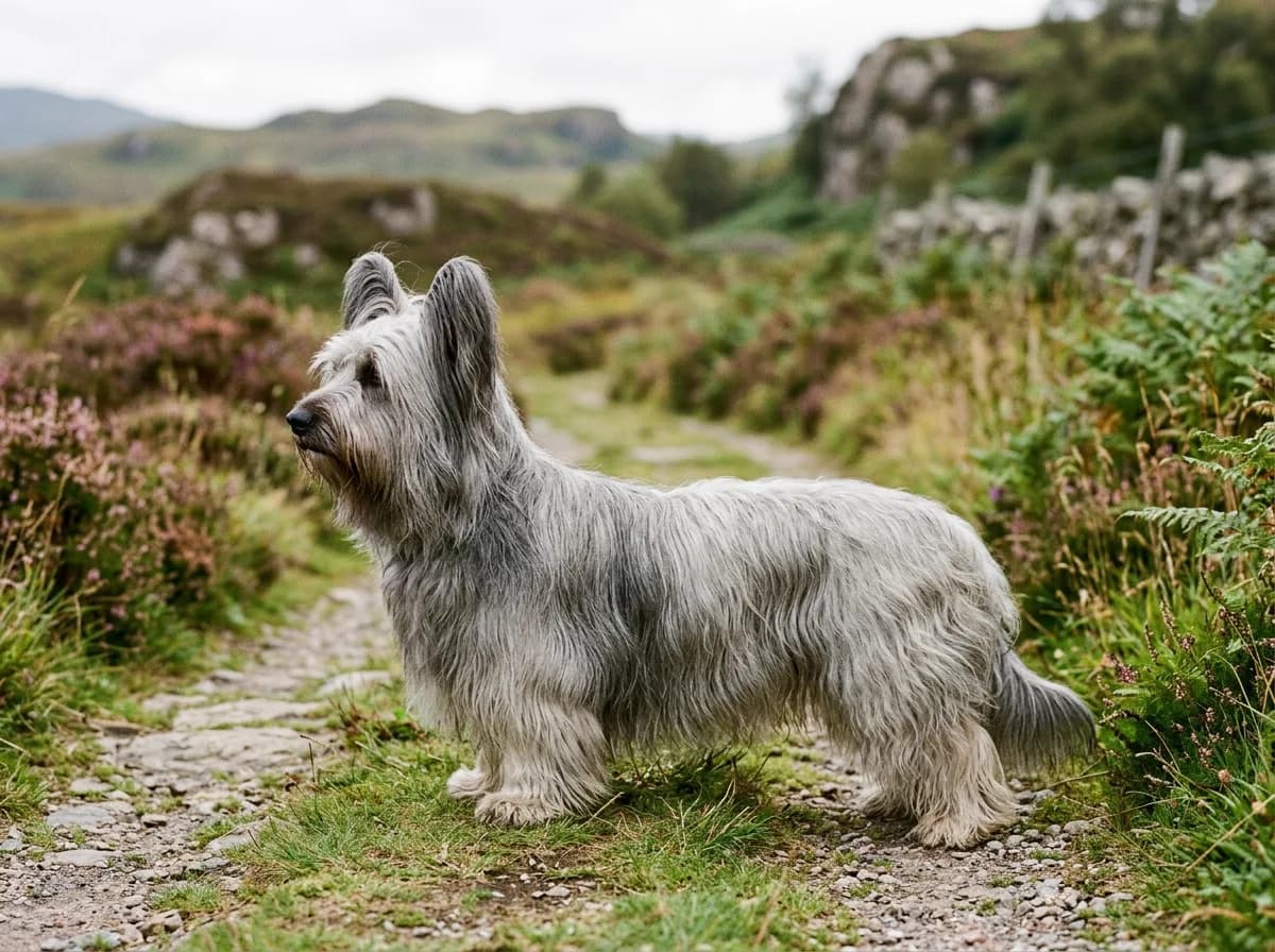 A long low Skye Terrier with a heavy flowing coat and feathered ears standing in profile