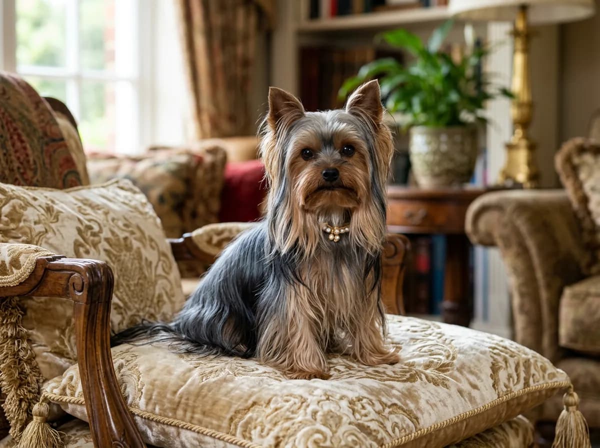 A Yorkshire Terrier with long silky blue and tan coat sitting on a cushion, small and glamorous
