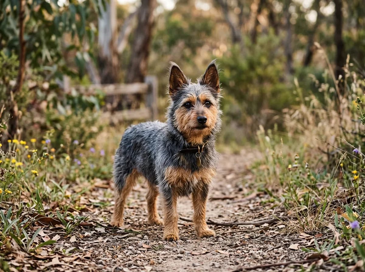 A small rough-coated Australian Terrier with blue and tan coloring standing outdoors, upright ears