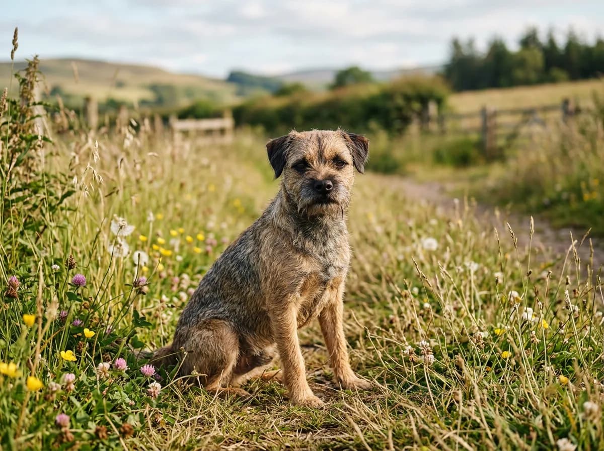 A wiry grizzle-and-tan Border Terrier with a distinctive otter-shaped head sitting in a field