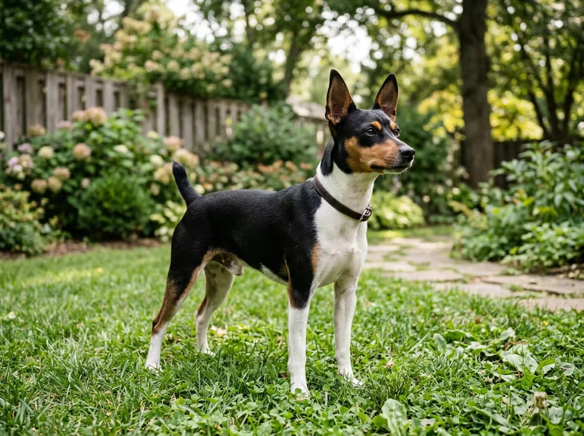 A smooth-coated tricolor Rat Terrier standing alert in a yard, lean athletic build