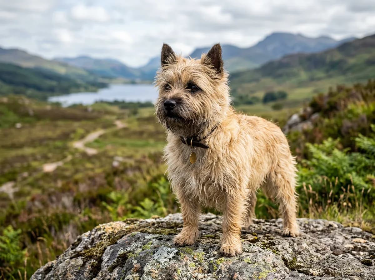 A shaggy wheaten-colored Cairn Terrier standing alert on a rock outdoors, wiry weather-resistant coat