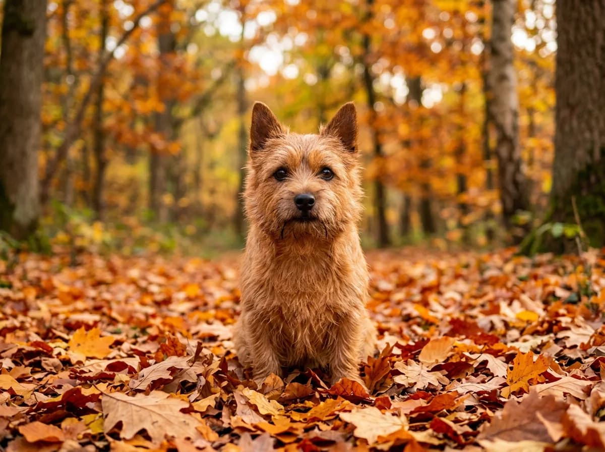 A small red Norwich Terrier with prick ears sitting in autumn leaves, foxy expression