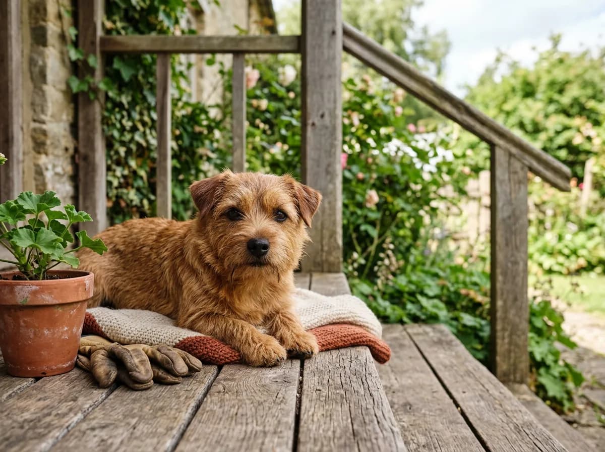 A small red-brown Norfolk Terrier with folded drop ears lying on a wooden porch