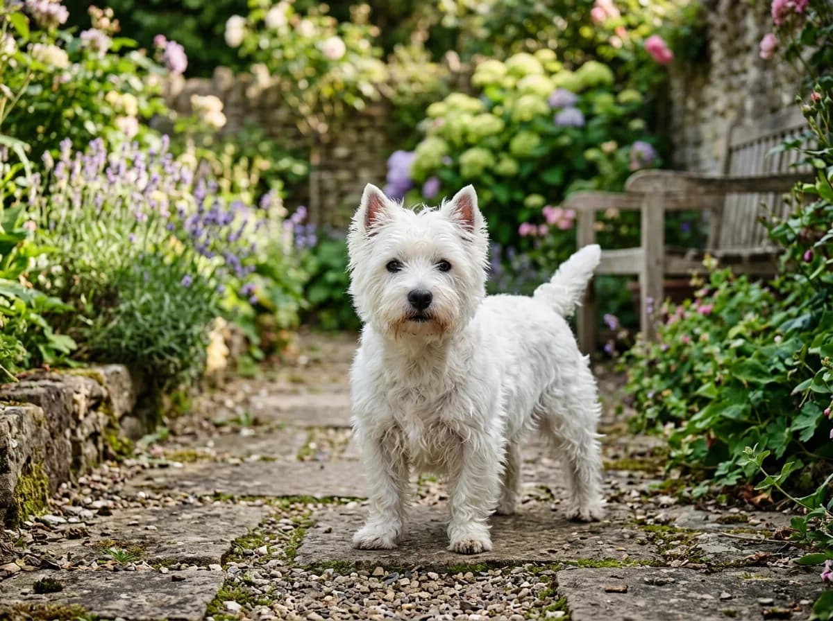 A pure white West Highland White Terrier standing on a garden path, dark eyes and black nose, fluffy double coat