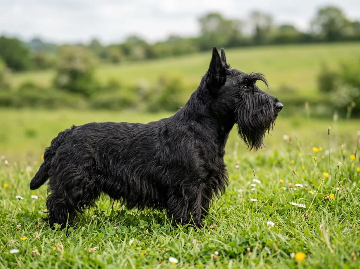 A black Scottish Terrier in profile showing the distinctive long beard and eyebrows, standing on grass