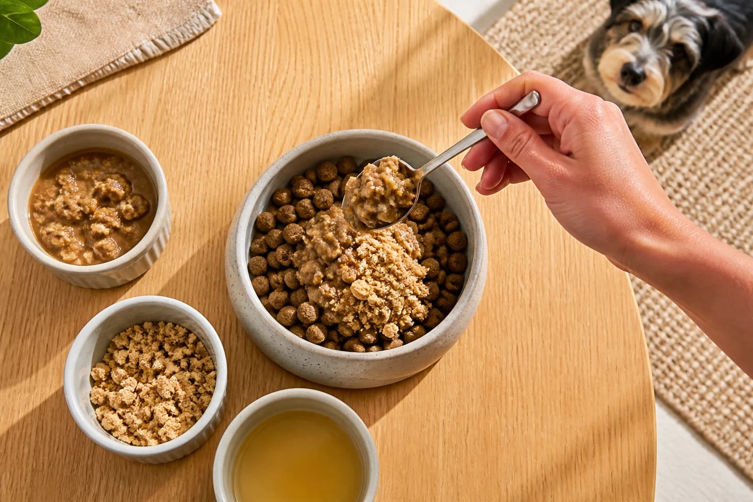 Several dog food toppers arranged around a complete meal