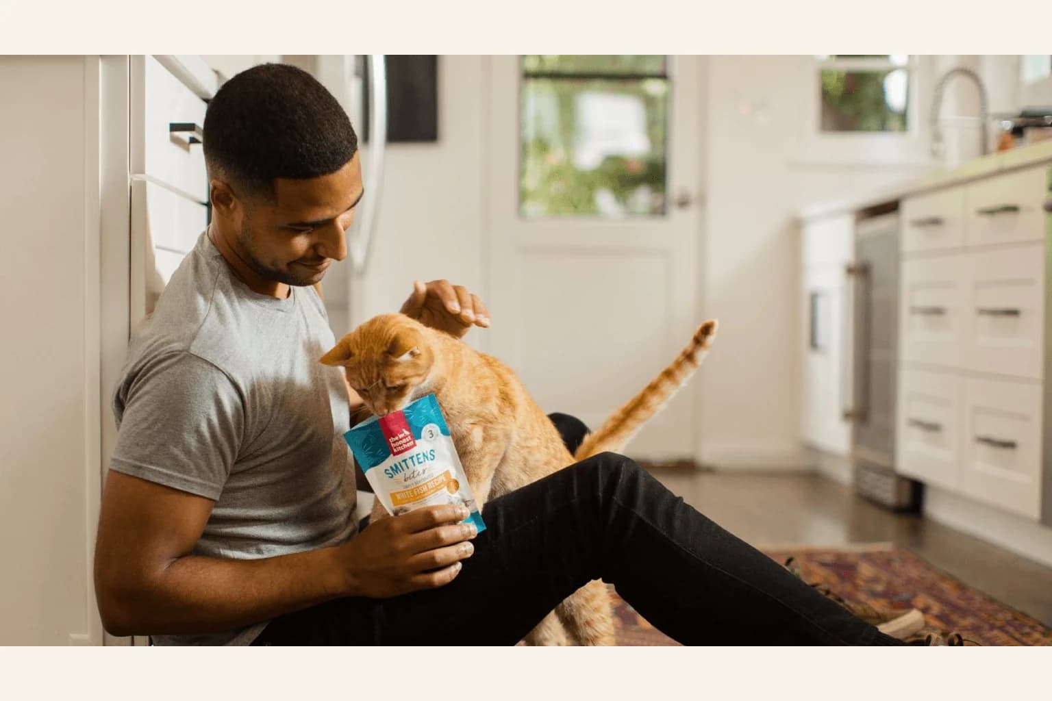Cat with The Honest Kitchen treats and hydration products