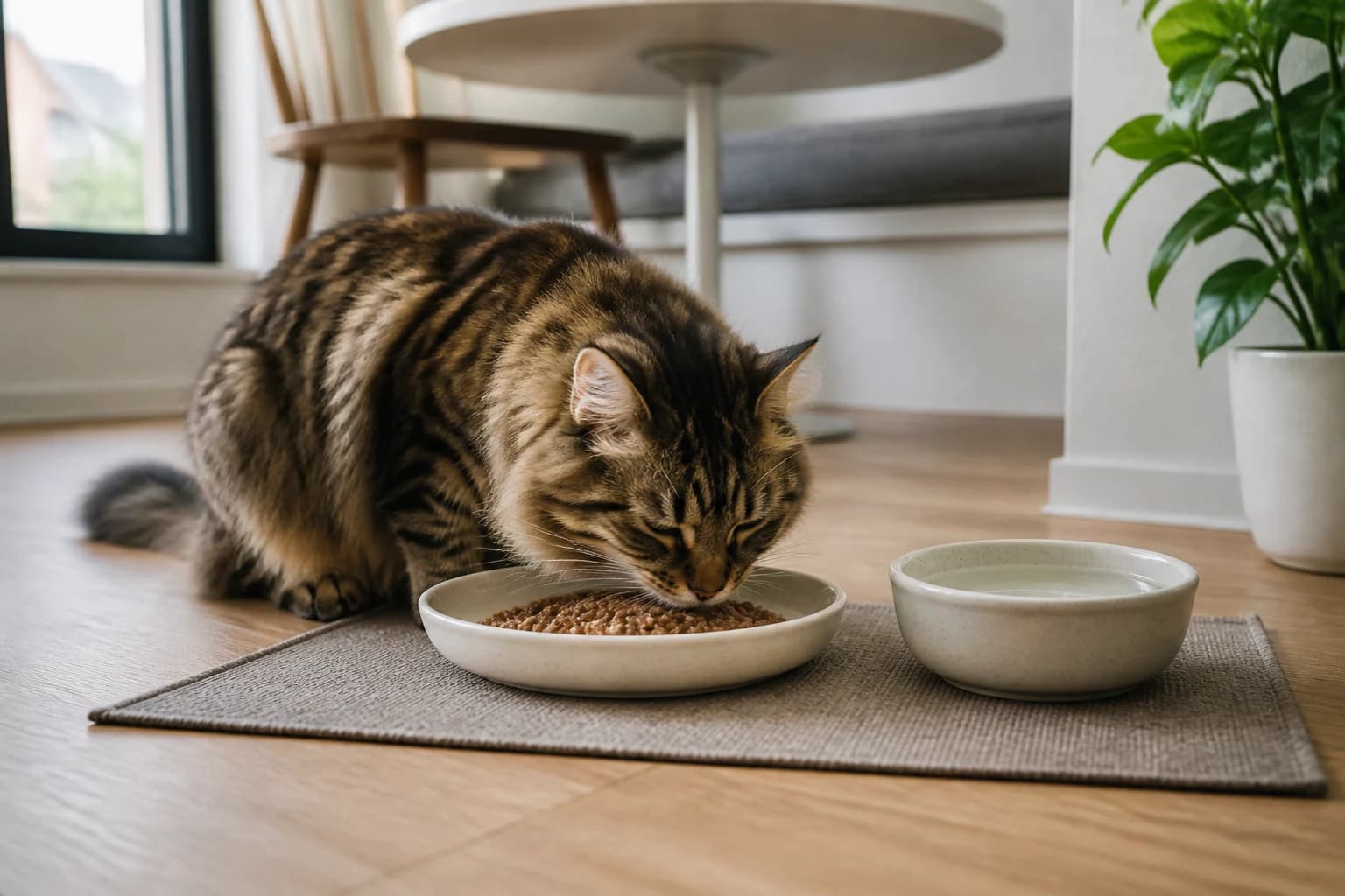 Long-haired cat eating moist food beside a separate water bowl