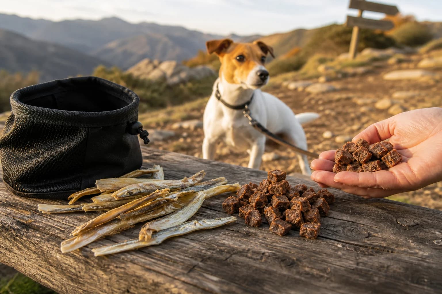 Dog on a trail beside dehydrated fish and meat treats