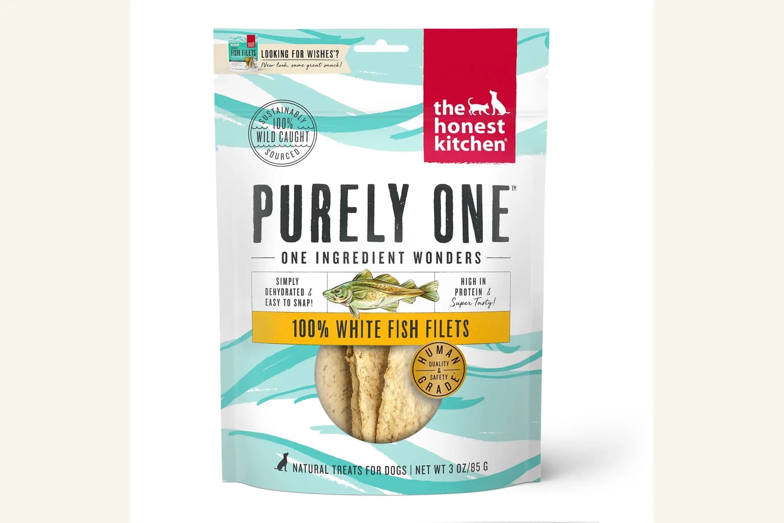 The Honest Kitchen Purely One whitefish filet dog treats package