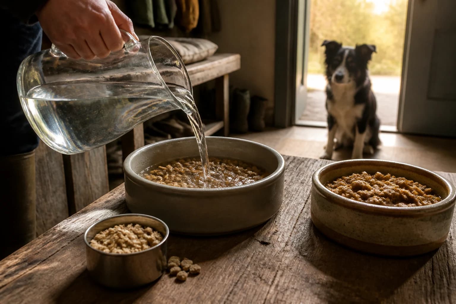 Warm water being poured into dehydrated dog food with a dog waiting nearby