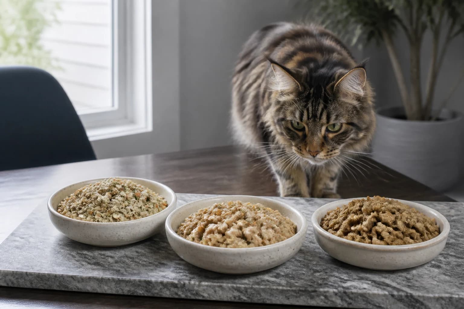 Cat inspecting dehydrated, rehydrated, and cluster cat food formats