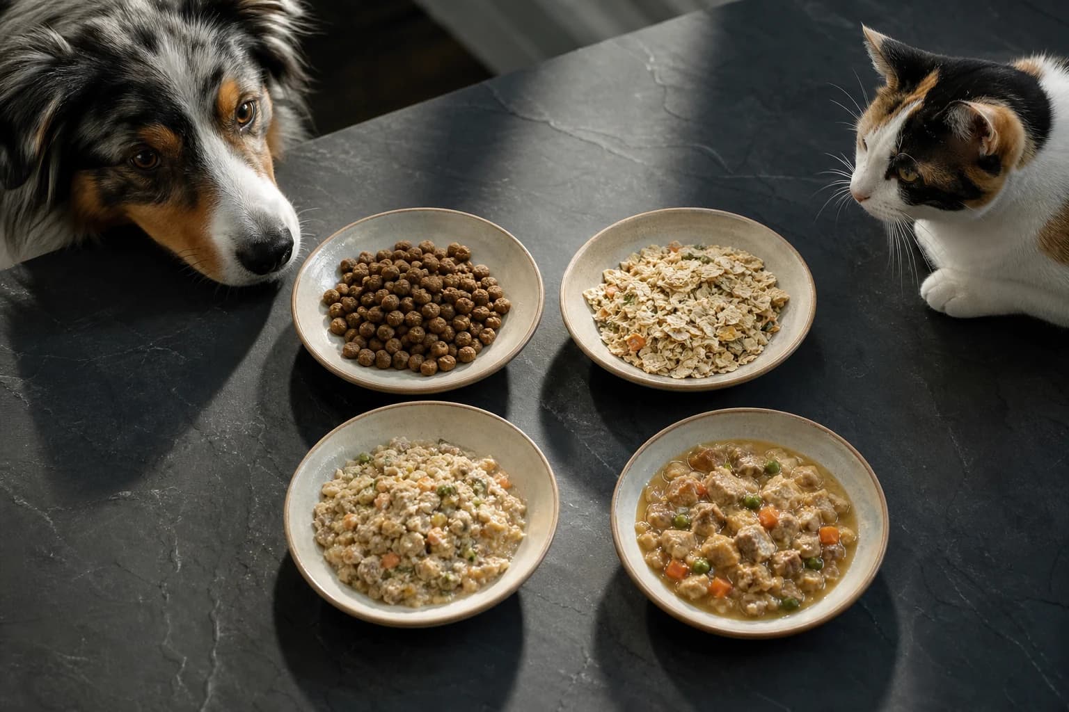 Dog and cat beside four distinct Honest Kitchen food formats