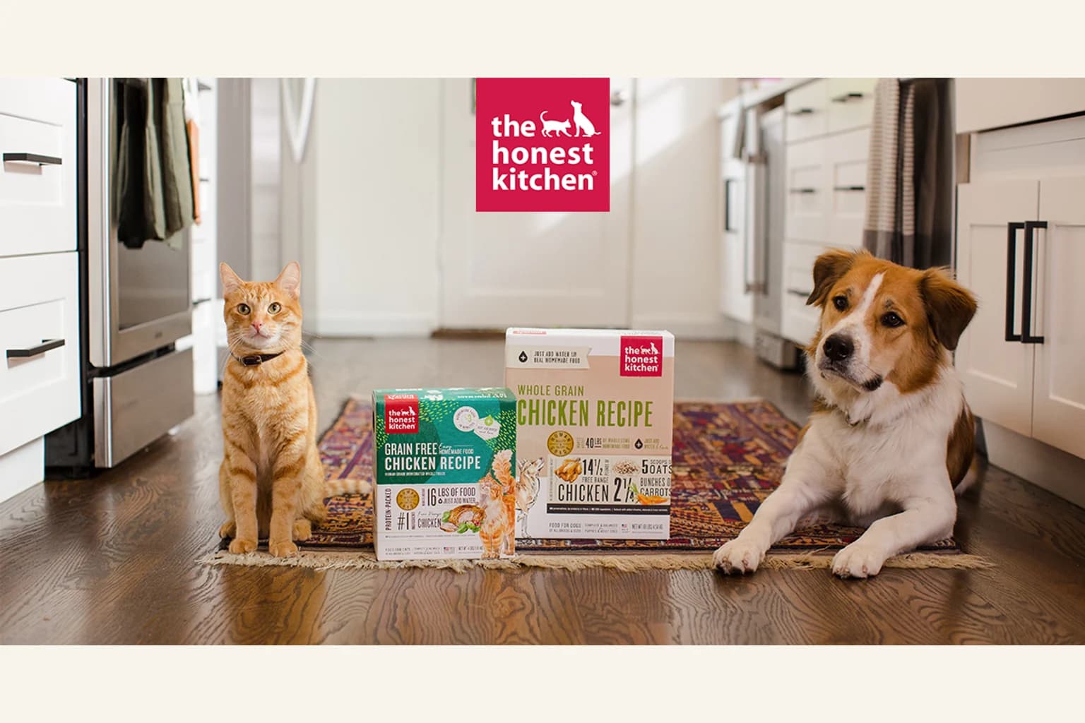 The Honest Kitchen dog and cat food packages beside a dog and cat