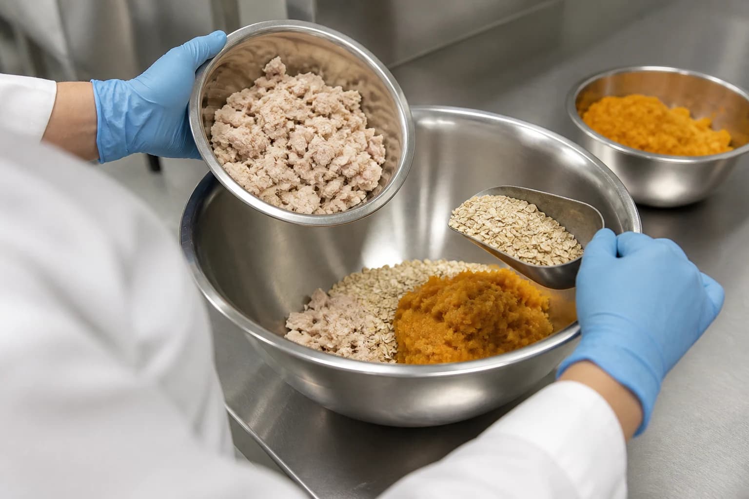 Clean gloved preparation of whole-food pet food ingredients