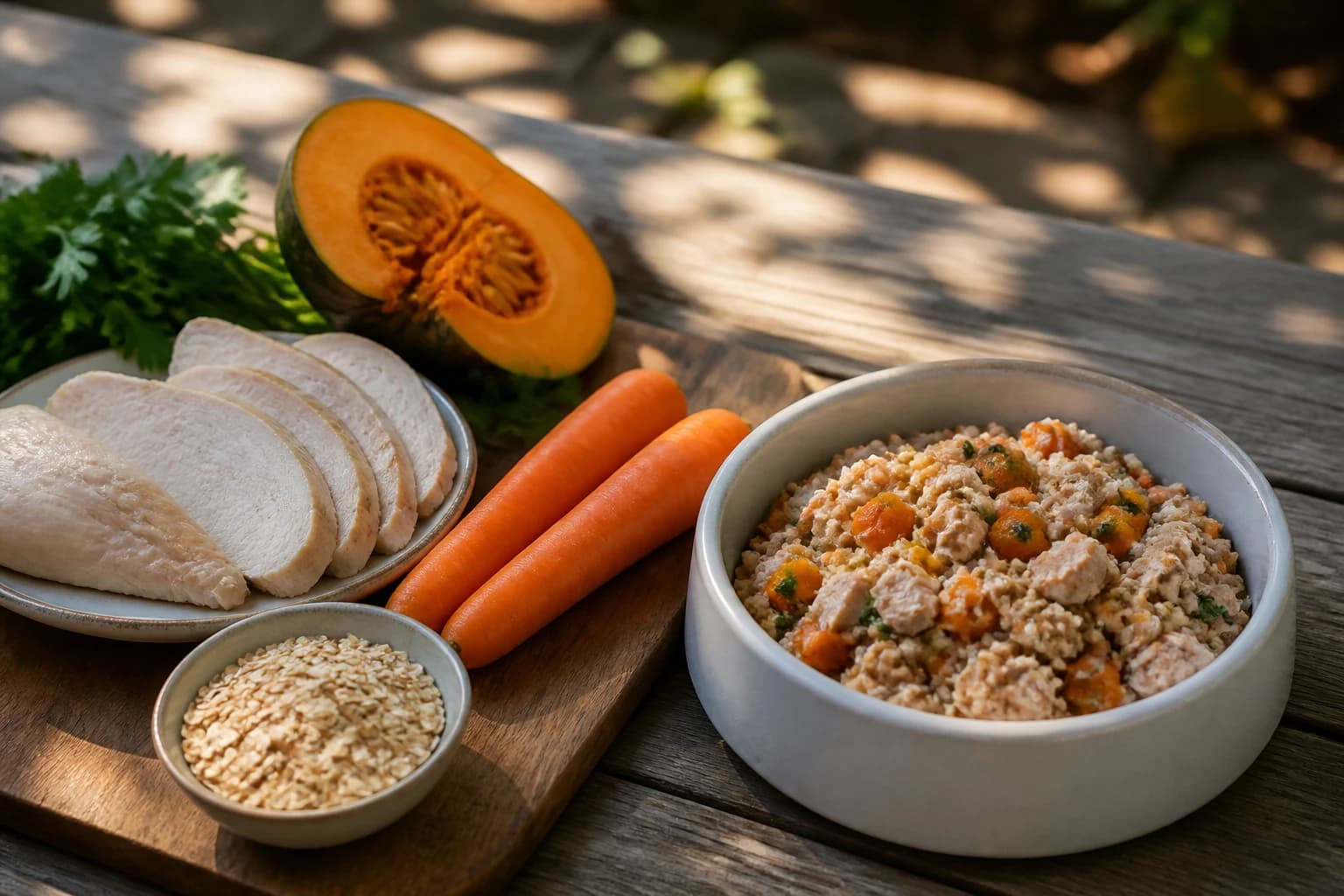 Cooked turkey, pumpkin, carrots, and oats beside a finished whole-food dog meal