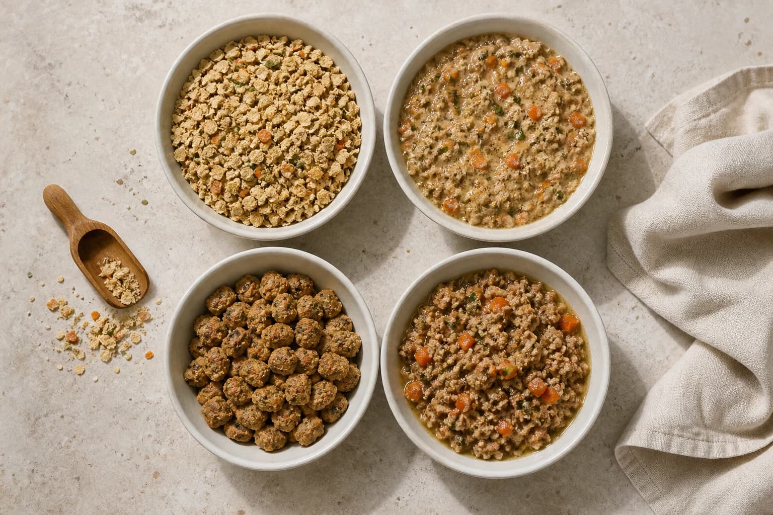 Dehydrated, rehydrated, cluster, and gently cooked dog food formats