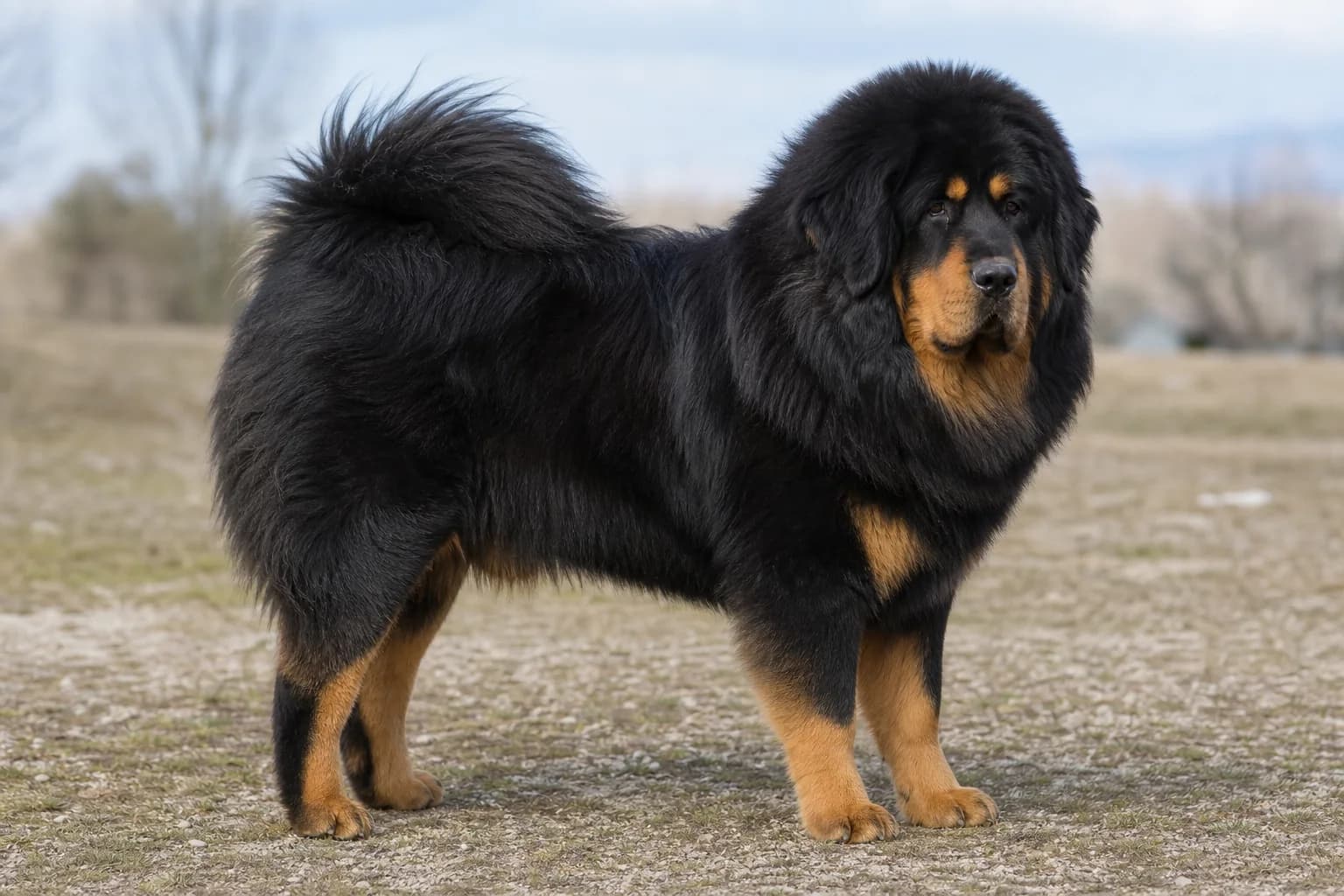 Black-and-tan Tibetan Mastiff showing tan eyebrow, muzzle, chest, and lower-leg points