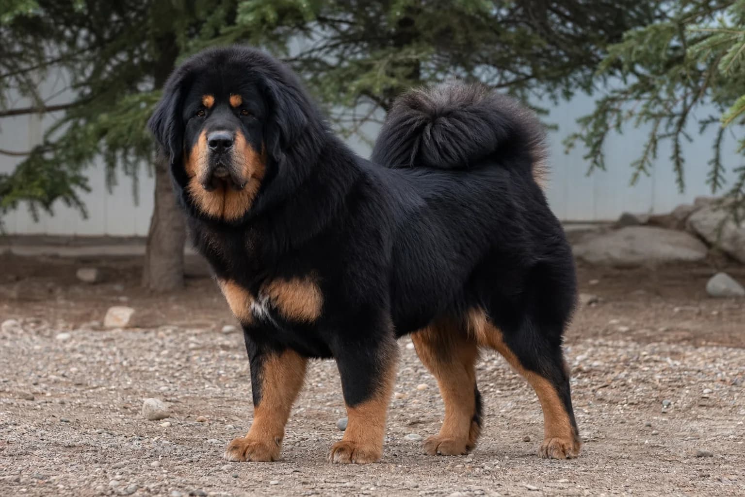 Adult black-and-tan Tibetan Mastiff standing in neutral daylight