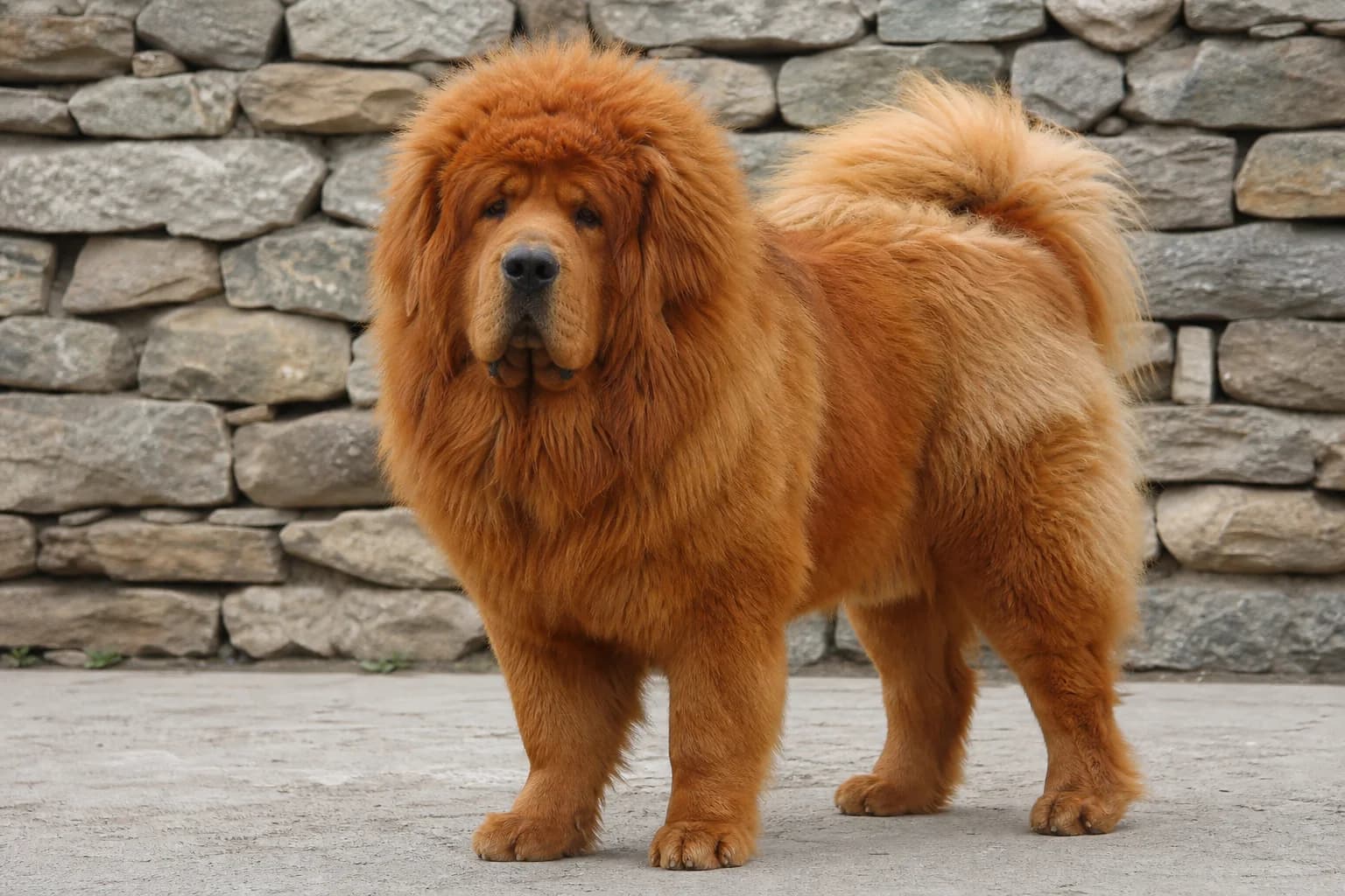 Red-gold Tibetan Mastiff standing against a neutral stone wall